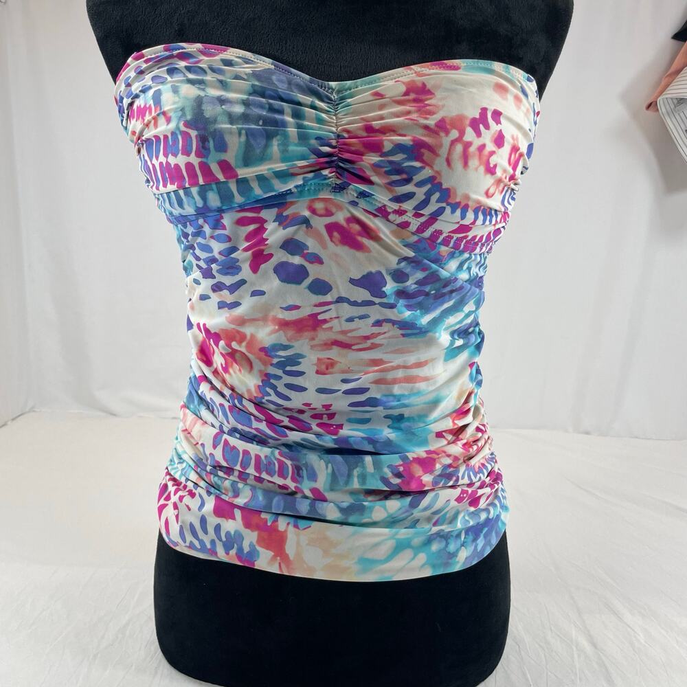 La Blanca Strapless Tankini Swim Top Ruched Abstract Blue Pink Size 6 Womens